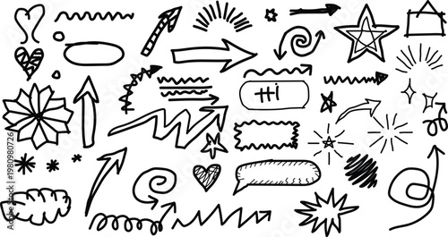 Collection of hand drawn doodle illustrations and decorative elements