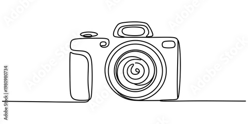 Minimalist continuous one line drawing of a photo camera on a plain white background. Vector, illustration