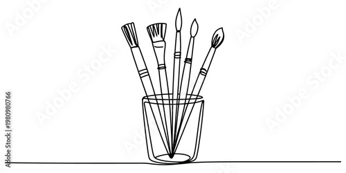 Continuous line drawing of artistic paintbrushes in a glass jar on a white background. Vector, illustration