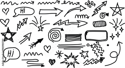 Collection of hand drawn doodle arrows and design elements
