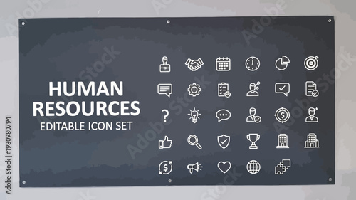 White outline human resources icons are clearly shown on a dark gray board.