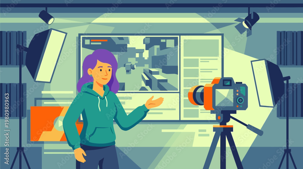 Fototapeta premium Female Content Creator Hosting Video Stream in Professional Studio