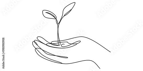 Minimalist one line art illustration of a hand gently cradling a young growing sprout. Vector, illustration
