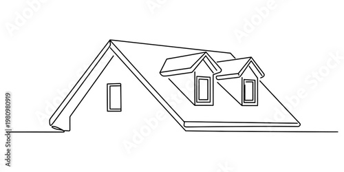 Continuous one line drawing of a house roof with two attic windows and a gable end. Vector, illustration