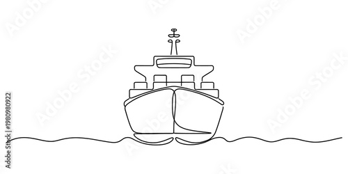 Continuous line drawing of a large cargo ship sailing on wavy ocean water isolated on white background. Vector, illustration