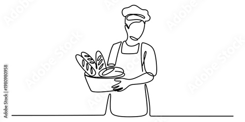 Continuous line drawing of a professional baker holding a basket full of fresh bread. Vector, illustration