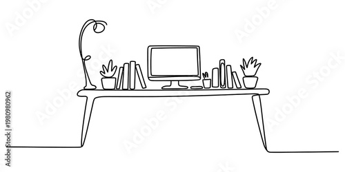 Simple line drawing of a modern desk setup with a computer monitor, lamp, books, and plants. Vector, illustration