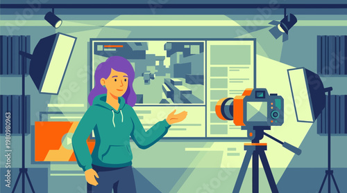 Female Content Creator Hosting Video Stream in Professional Studio