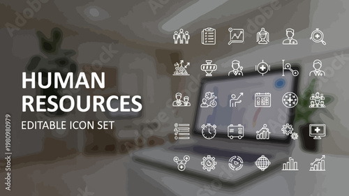 A diverse set of white outline HR icons floating above a blurred office laptop.