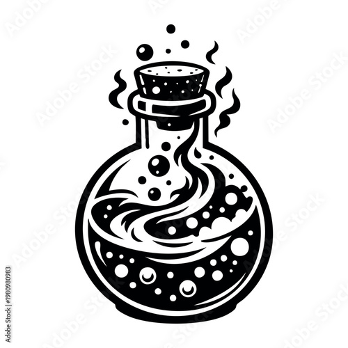 Round glass flask containing a bubbling, foamy liquid, emitting smoke and sealed with a cork, representing mystical concoctions