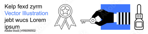 Success, security, achievement, key ownership, trust, awards. Black hand holding key, award ribbon dropper container. Success and security concepts by the key and award ribbon