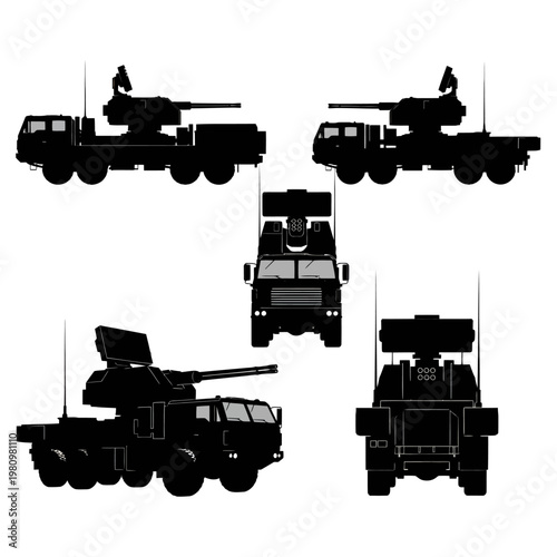 Tactical Air Defense SPAAG Military Vehicle Silhouette Vectors