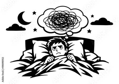 Person lying in bed with a worried expression, unable to sleep due to tangled thoughts, feeling anxiety, stress, and sleeplessness