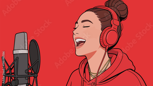 Woman Singing in Recording Studio with Headphones