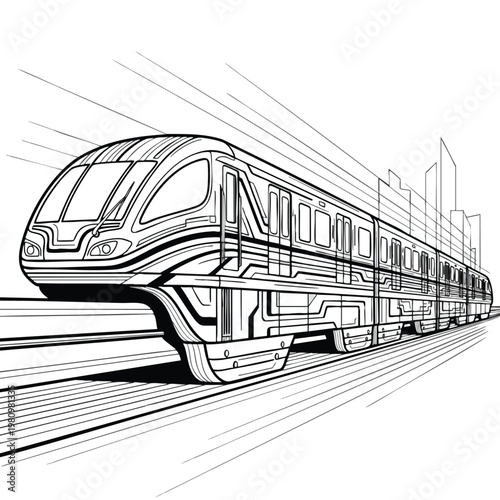 Modern High Speed Electric Train Traveling Through Urban Landscape