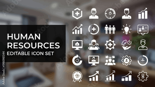 A comprehensive human resources editable icon set is displayed on a blurred office background.