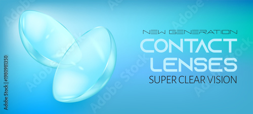 Contact lenses banner vector illustration, realistic transparent lenses on blue gradient background, eye care vision concept, optical product advertising design, medical ophthalmology template, clear