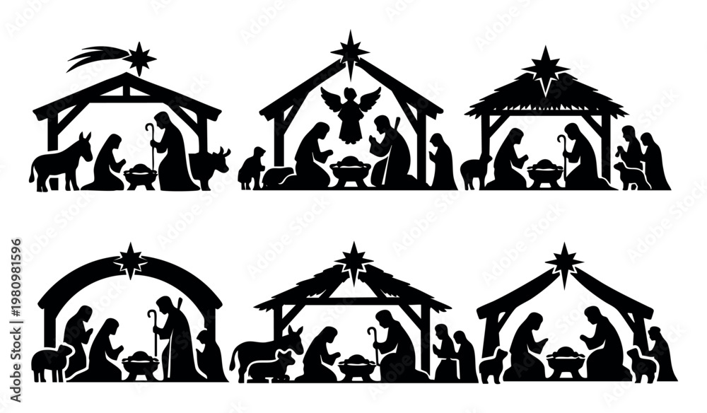 Fototapeta premium Collection of Christmas nativity scene silhouettes depicting the birth of Jesus, symbolizing faith, peace, and holiday tradition