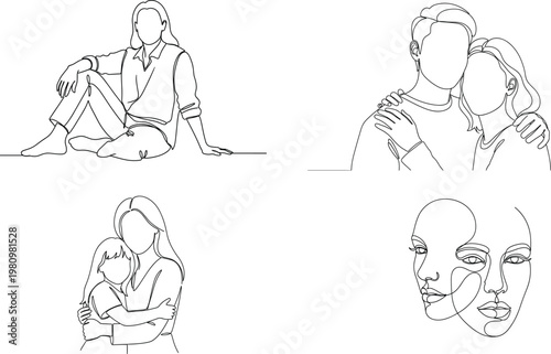 Continuous Line Art Bundle – Woman with Hat, Abstract Female Face, Sitting Woman and Family Walking One Line Drawing Vector Set