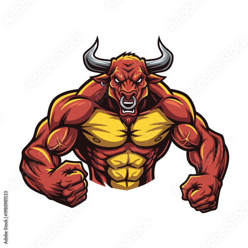Powerful Red Mythical Creature with Horns and Muscular Build