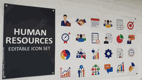 A vibrant human resources editable icon set is displayed in solid colors on a clear acrylic panel.
