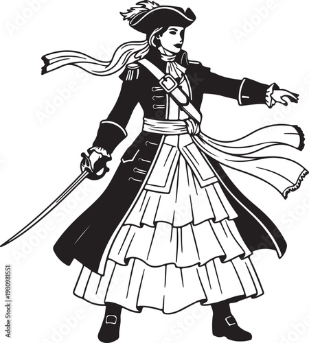 A striking black and white illustration of a female pirate or privateer in an 1800s fashion dress, complete with a feathered tricorn hat and a sword.