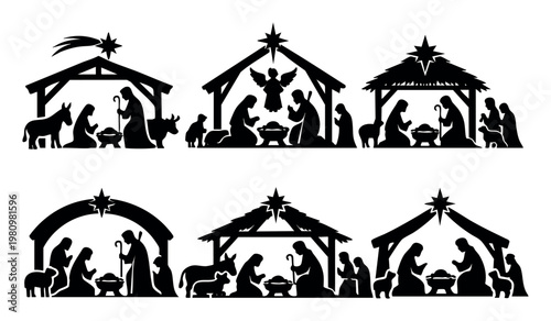 Collection of Christmas nativity scene silhouettes depicting the birth of Jesus, symbolizing faith, peace, and holiday tradition