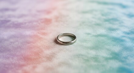 Silver ring on a colorful tie dye fabric background close up shot
