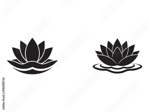 Black and white lotus flower icons on white background  simple water lily illustrations
