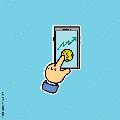 Hand Tapping Mobile Finance App Showing Coin and Growth Arrow on Smartphone Screen