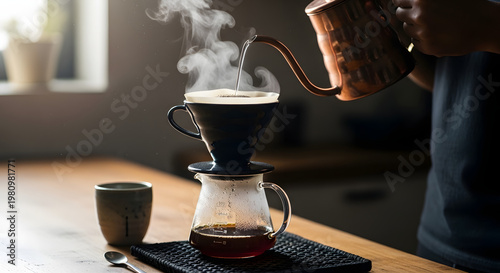 A person meticulously pours hot water from a copper gooseneck kettle into a pour-over coffee dripper, brewing fresh coffee with steam rising.