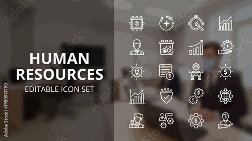 White outline human resources icons are overlaid on a softly blurred contemporary office environment.