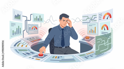 Businessman overwhelmed with data analysis.