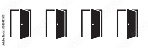 Open door icons set on transparent background showing entrance and exit concepts for home and office building.