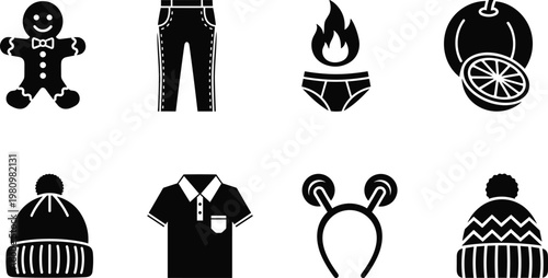 Set of black solid icons featuring gingerbread man, trousers, underwear with fire, orange fruit, winter beanies, polo shirt, and headband