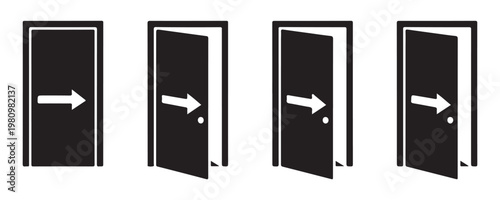 Door exit vector icon set isolated on transparent background. black open door with arrow indicating exit.