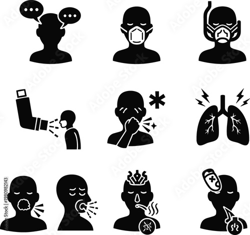 Respiratory health and pollution protection solid icon set featuring face masks, asthma inhaler, coughing person, lung pain, and breathing problems