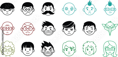 Set of diverse people avatar icons featuring various hairstyles, facial expressions, moustaches, and glasses in colorful thin line vector style
