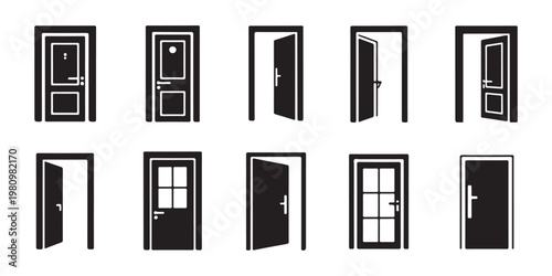 Door entrance and exit vector icon set isolated on transparent background. black open and closed doors.
