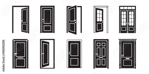 Door entrance and exit vector icon set isolated on transparent background. black open and closed doors.