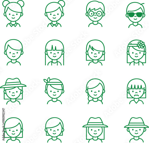 Set of sixteen green line art avatar icons featuring cute diverse people faces with different hairstyles hats and modern glasses.