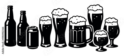 Collection of beer containers, different types of glasses, bottle, can, and mug with cold lager or ale