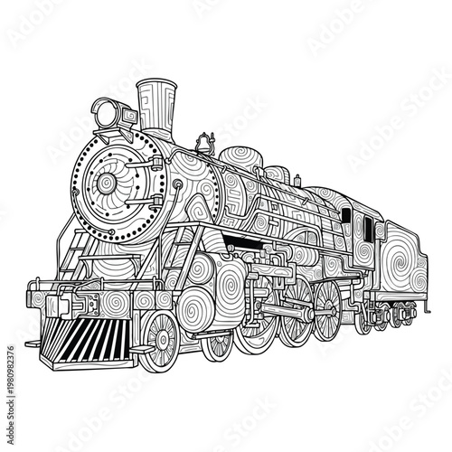 Vintage Steam Locomotive Engine in Black and White Illustration