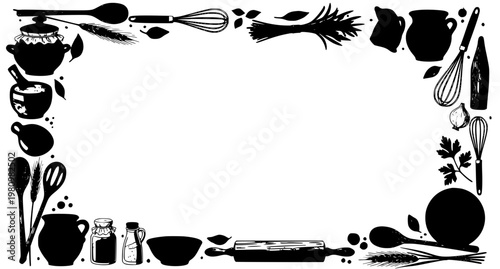 Seamless rustic kitchenware pattern with cooking utensils and ingredients vector illustration design on white background