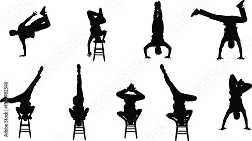 Set of black silhouettes featuring male breakdancer performing acrobatic handstands and balancing stunts on stools against a clean white background for creative design