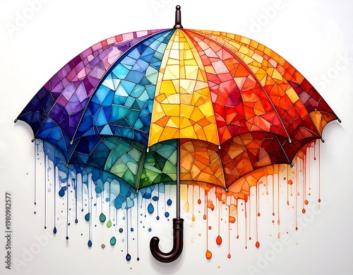 Watercolor umbrella composed of bright colorful geometric shapes against white background