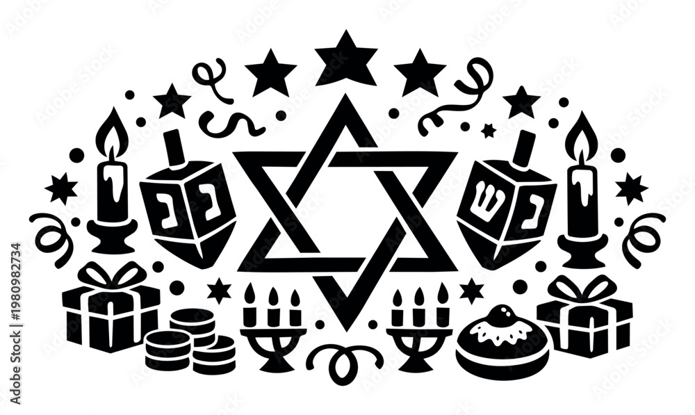 Obraz premium Hanukkah symbols and objects arranged in a decorative arch, featuring a Star of David, lit candles, dreidels, and presents