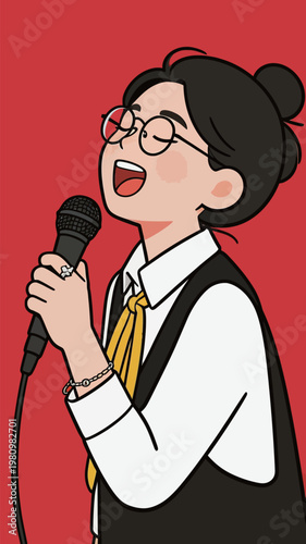 Young Woman Singing with Microphone Illustration