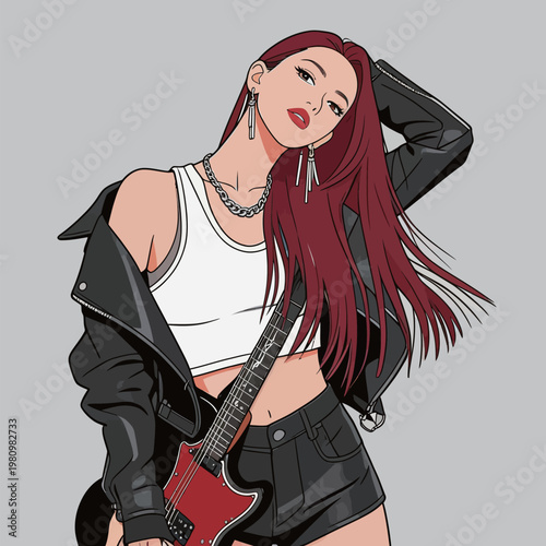Stylish Girl with Electric Guitar in Casual Outfit