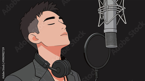 Man Singing in Recording Studio with Microphone